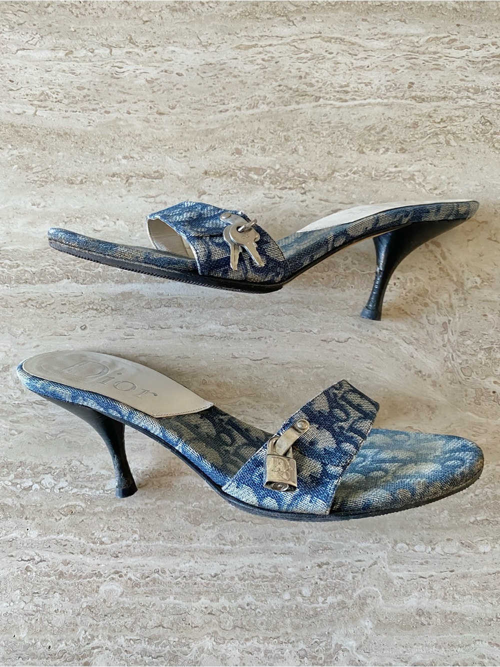 Vintage Dior Trotter Denim Key Lock Sandal Mule Heels - Picture 4 of 10